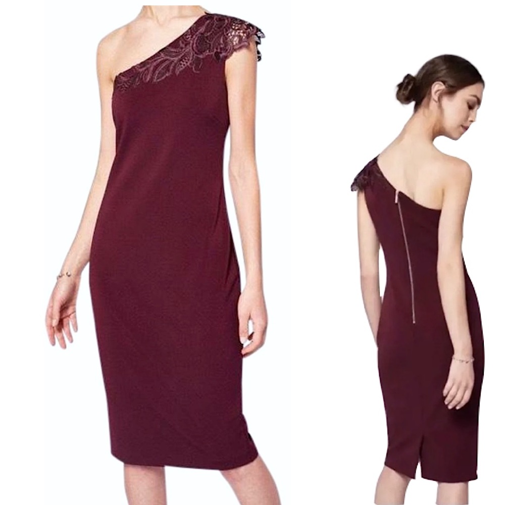 Ted Baker Jalis One Shoulder Cocktail Dress Lace Burgundy Red Size L / 4